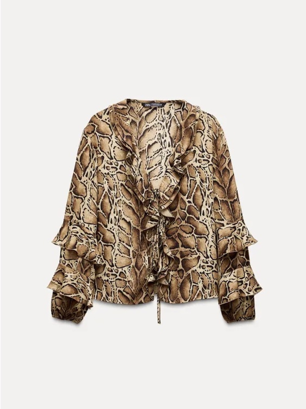 Zara Snake-Print Ruffle Tie-Neck Blouse - Brown